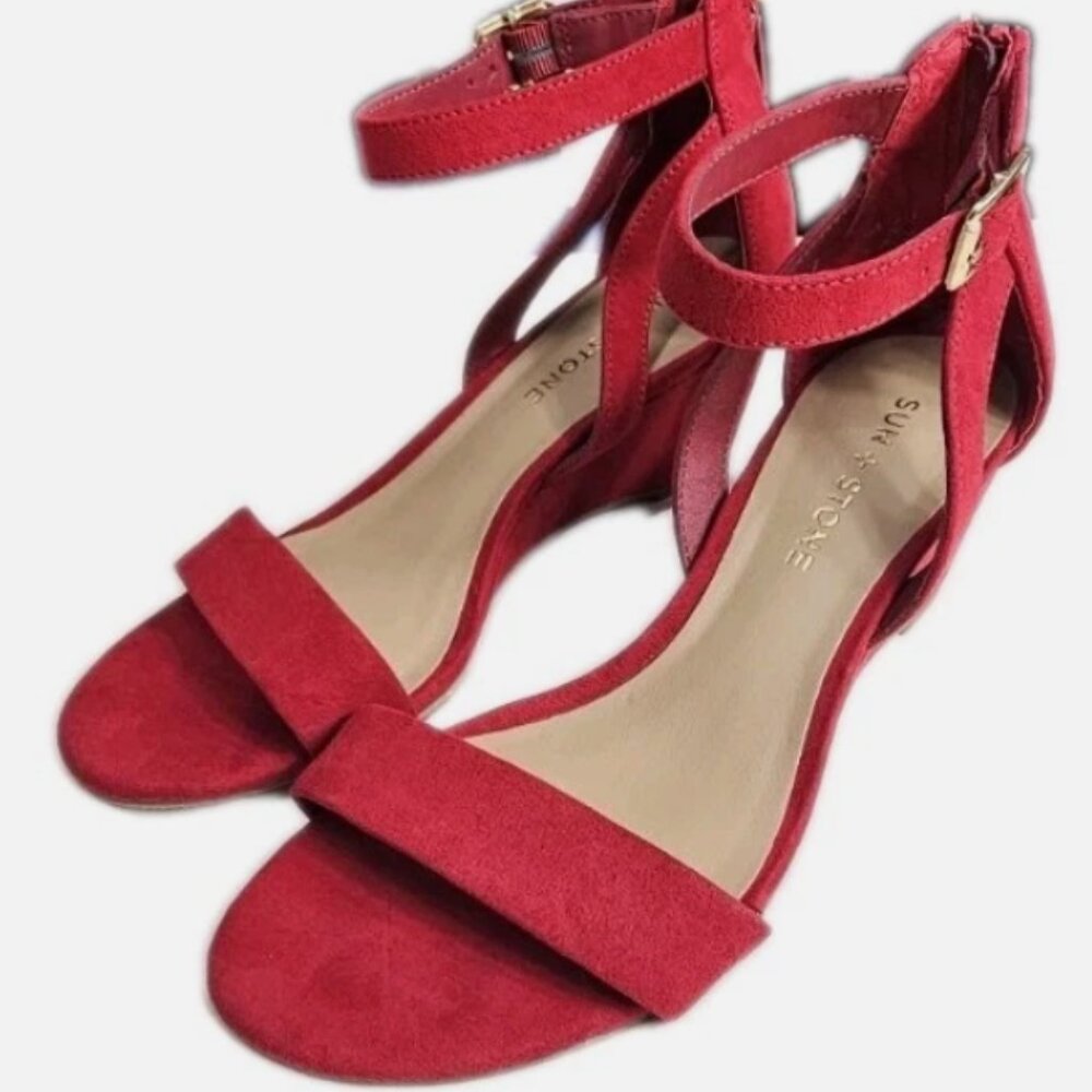 Sun + Stone Josie Red Suede Wedge Sandals Women’s Size 7M Ankle Strap - Picture 8 of 9